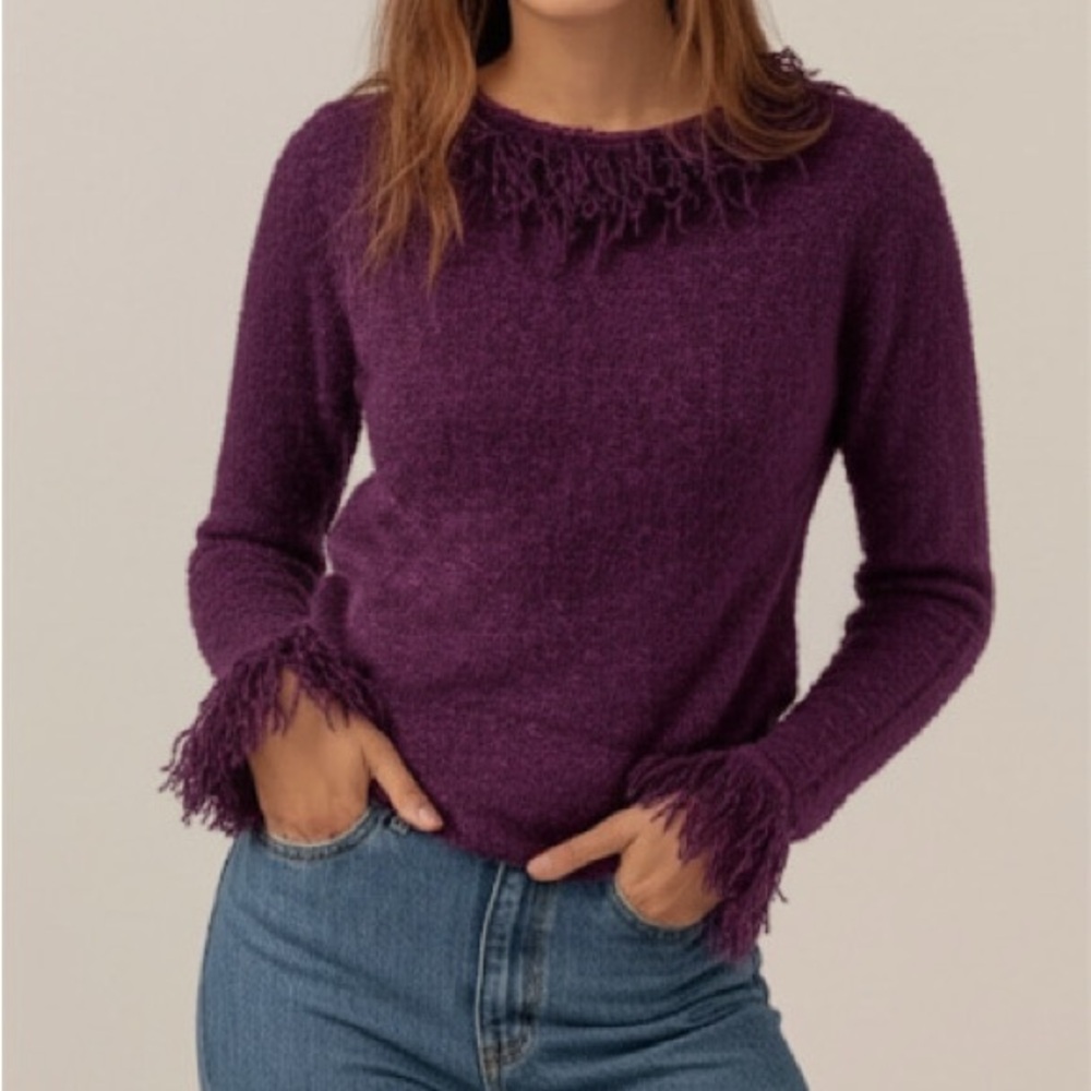 90s Y2K Vintage Winding River Purple Boucle Knit Funky Shaggy Trim‎ Sweater